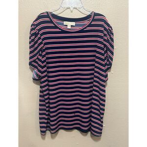 Michael Kors Navy Red Striped‎ Puff Sleeve Top Women’s XL Stretchy Casual
